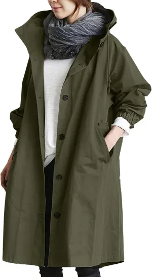 Womens Hooded Trench Coat Winter Lightweight Waterproof Rain Jacket Outdoor Button Down Oversized Windbreaker Outwear
