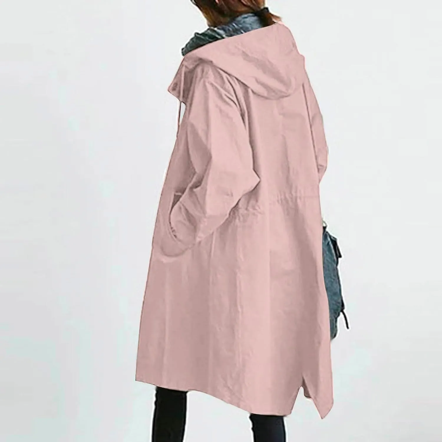 Womens Hooded Trench Coat Winter Lightweight Waterproof Rain Jacket Outdoor Button Down Oversized Windbreaker Outwear