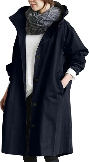 Womens Hooded Trench Coat Winter Lightweight Waterproof Rain Jacket Outdoor Button Down Oversized Windbreaker Outwear