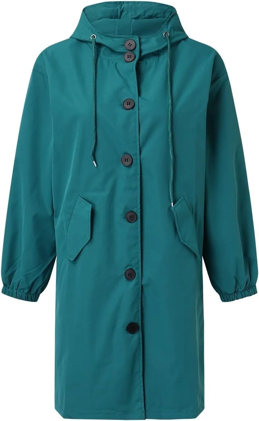 Womens Hooded Trench Coat Winter Lightweight Waterproof Rain Jacket Outdoor Button Down Oversized Windbreaker Outwear