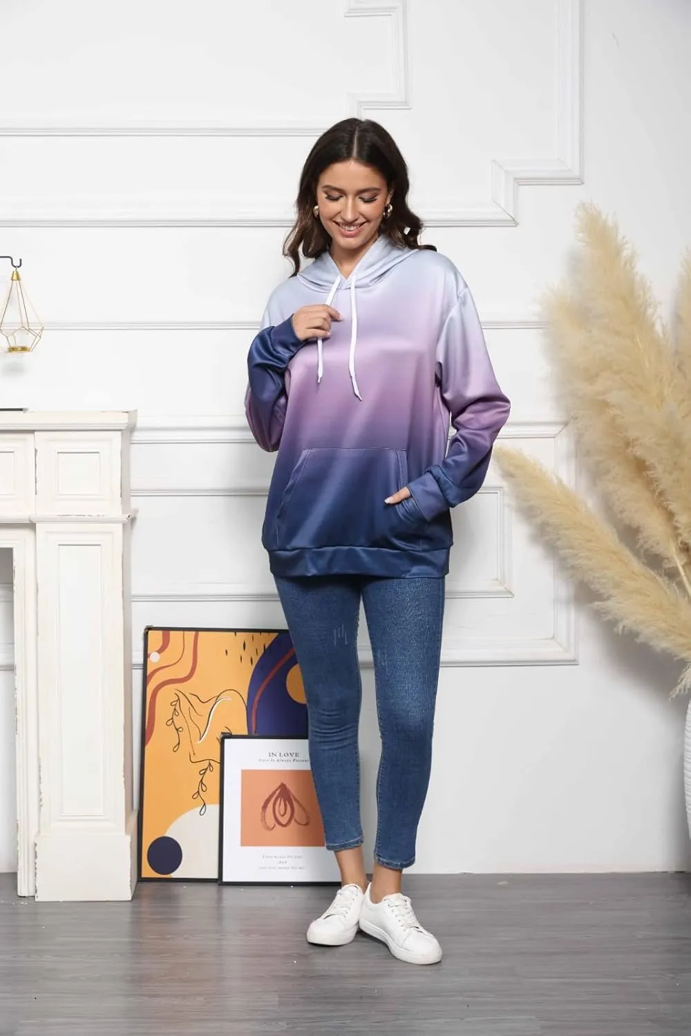 Womens Hoodies Fall Winter Drop Shoulder Drawstring Casual Sweatshirts with Pocket Pullover