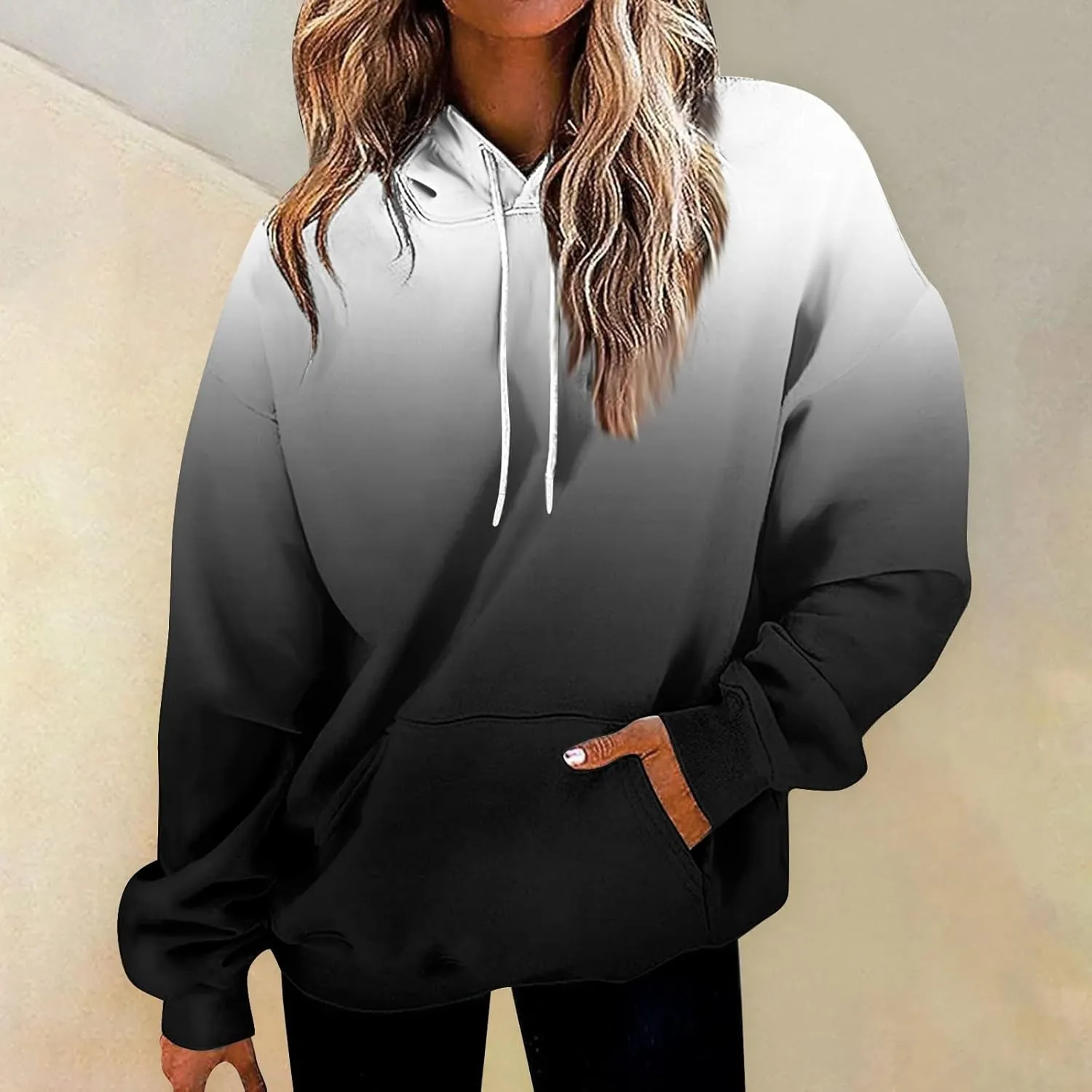 Womens Hoodies Fall Winter Drop Shoulder Drawstring Casual Sweatshirts with Pocket Pullover