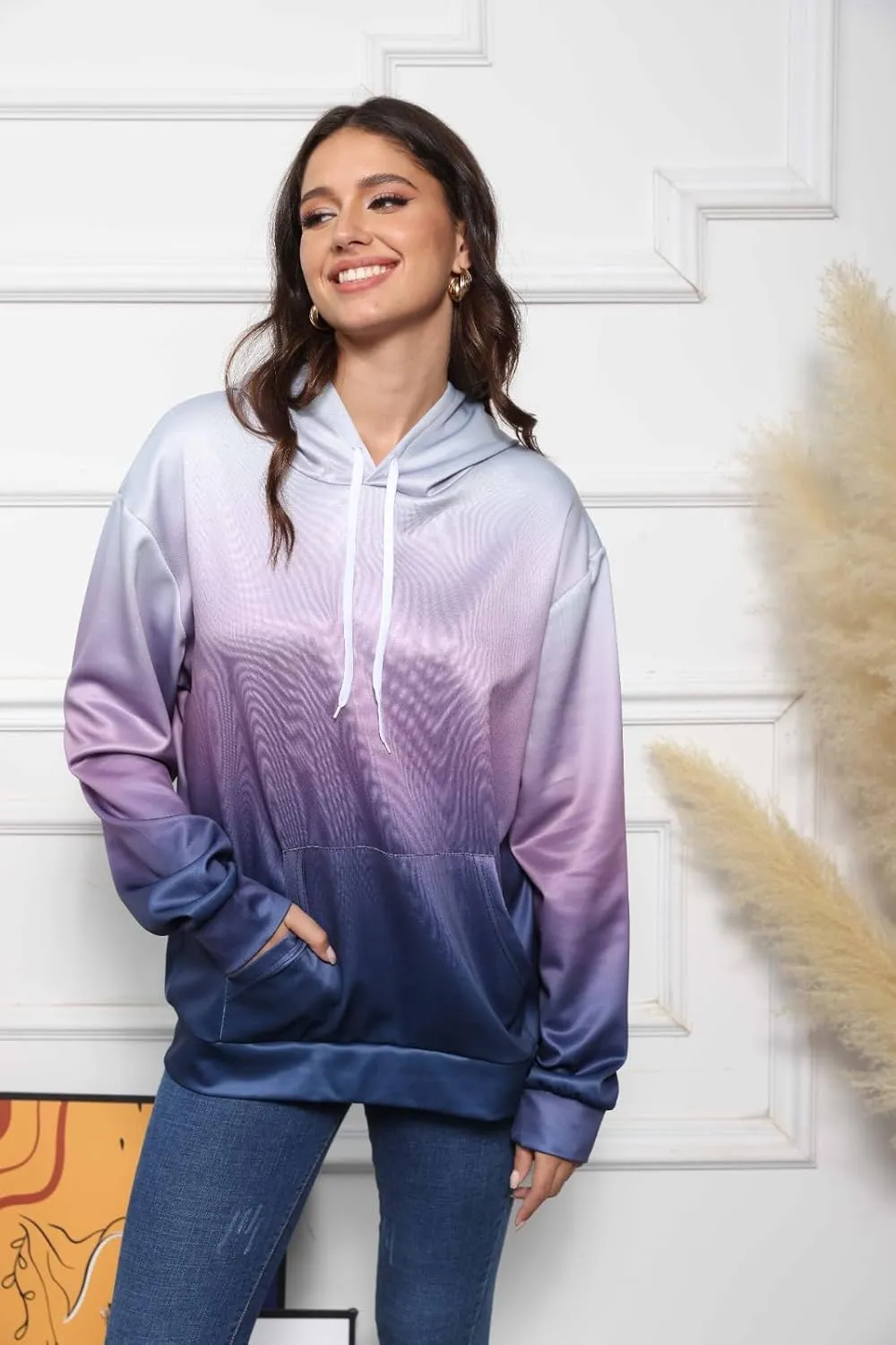Womens Hoodies Fall Winter Drop Shoulder Drawstring Casual Sweatshirts with Pocket Pullover
