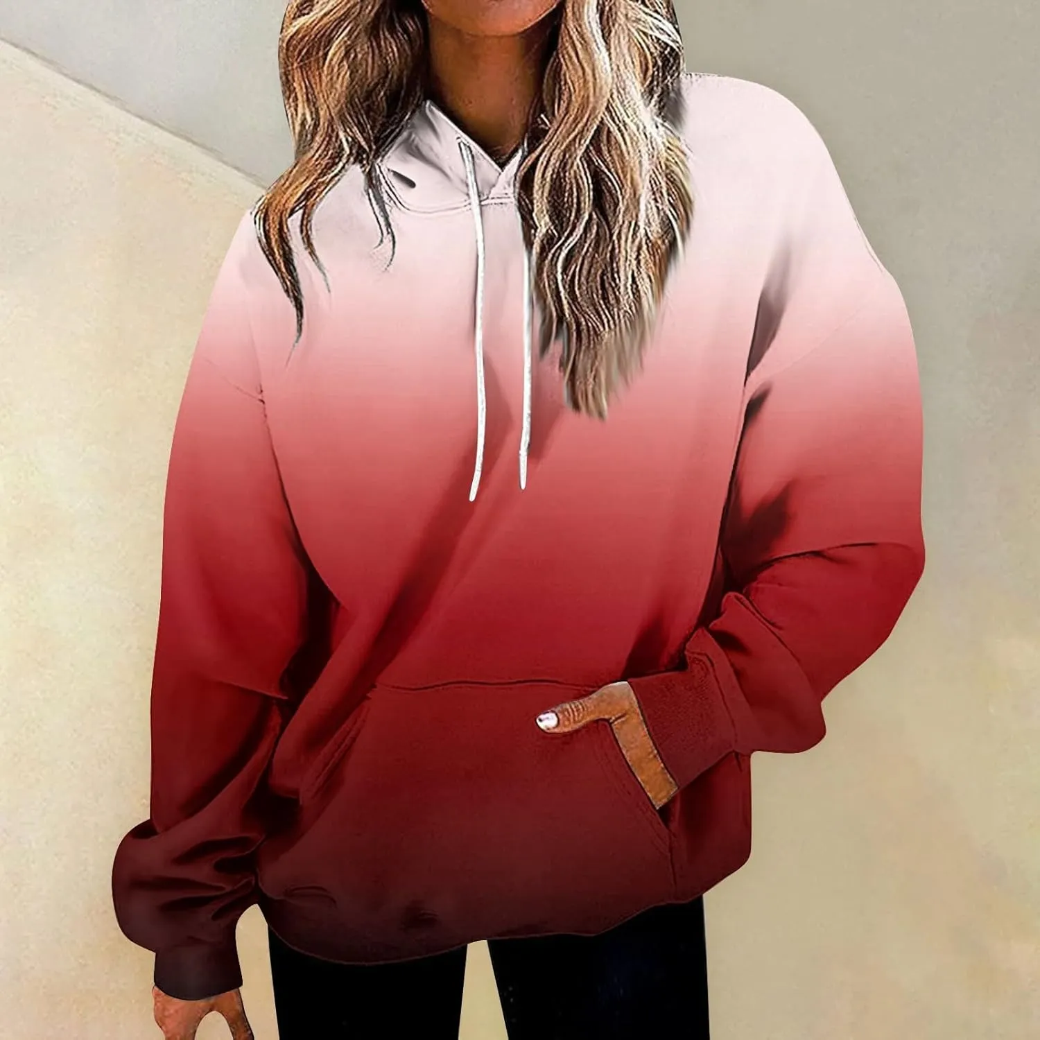 Womens Hoodies Fall Winter Drop Shoulder Drawstring Casual Sweatshirts with Pocket Pullover