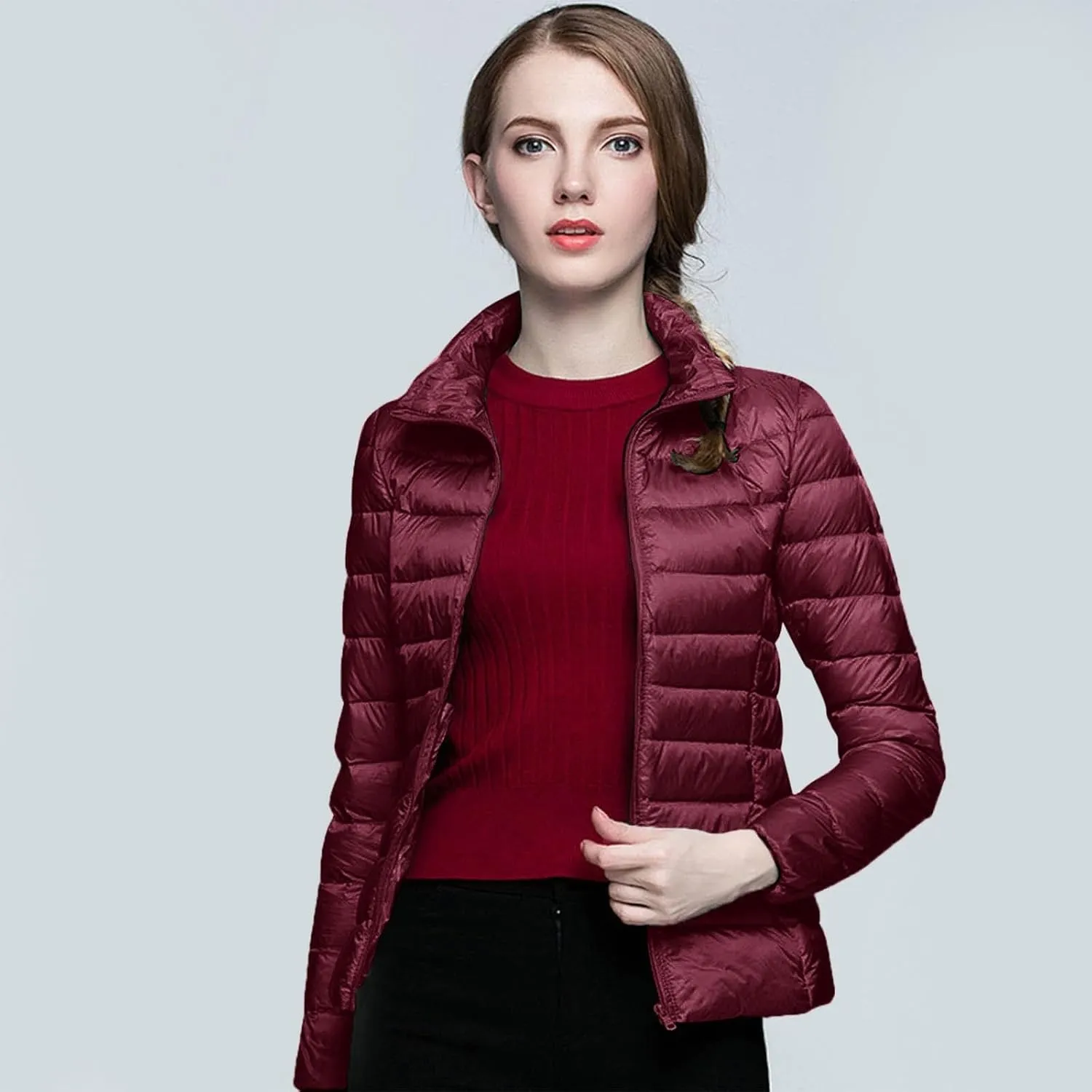 Womens Lightweight Jackets Waterproof Packable Down Jacket Winter Full Zip Hooded Puffer Casual Coat with Pockets
