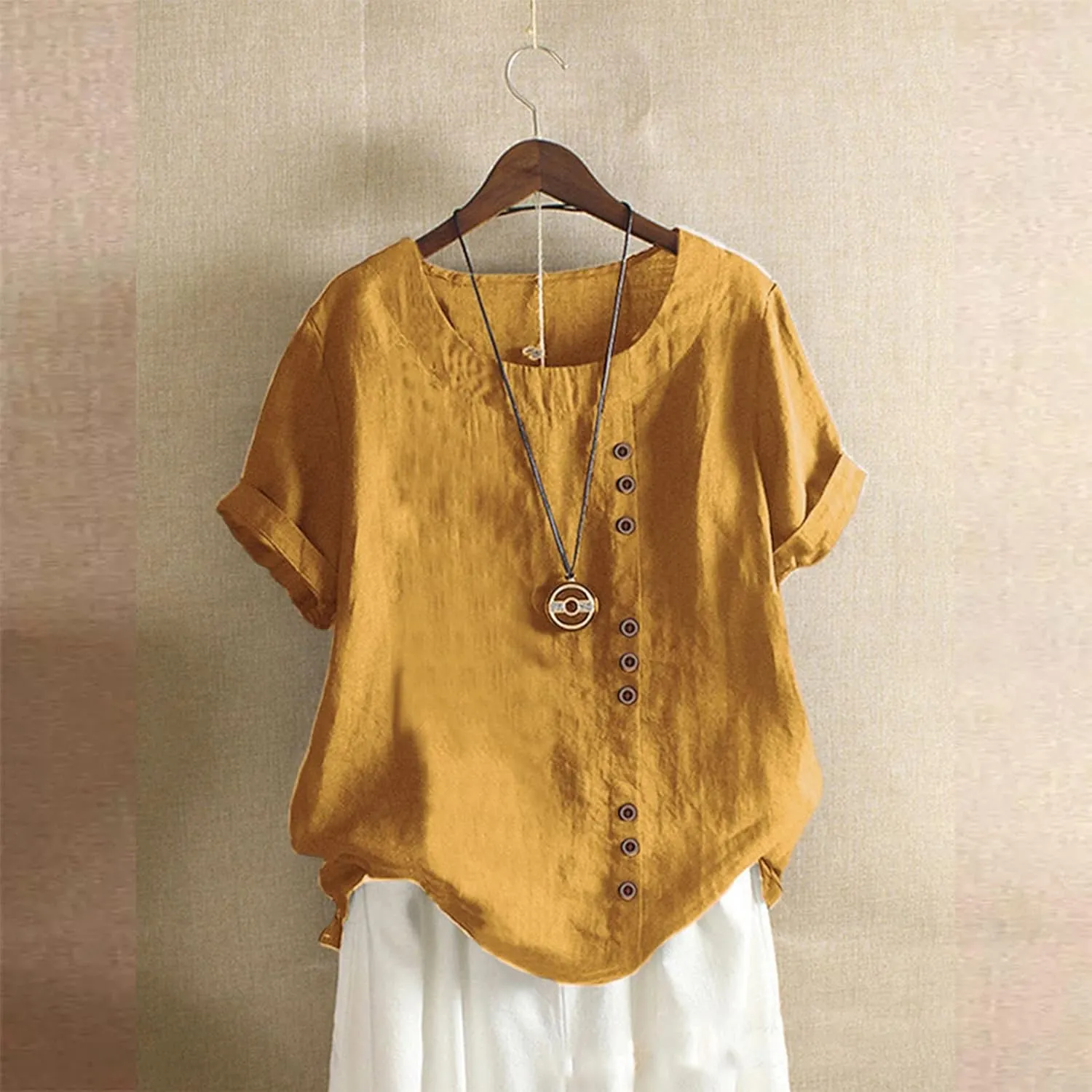 Womens Lined Tops Going Out Casual Short Sleeve Summer Tee Shirts Button Down Crewneck Solid Dressy Blouses