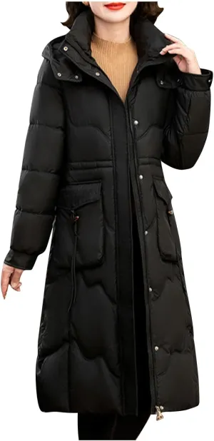 Women's Long Puffer Coats Detachable Hooded Full Zip Down Jackets Parkas Slim Fitted Warm Winter Coat Trendy Overcoat