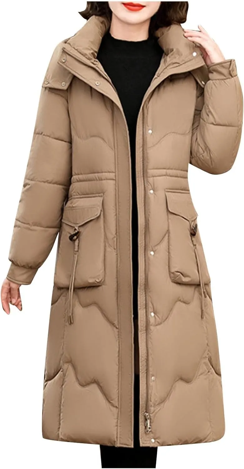 Women's Long Puffer Coats Detachable Hooded Full Zip Down Jackets Parkas Slim Fitted Warm Winter Coat Trendy Overcoat