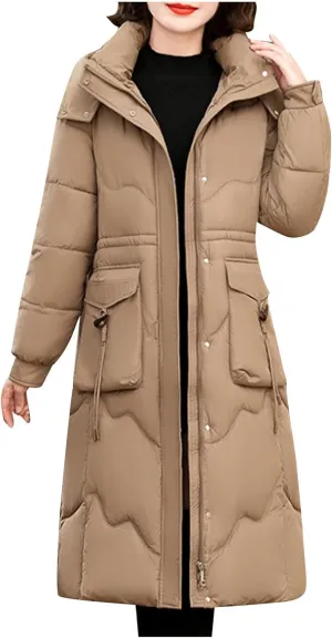 Women's Long Puffer Coats Detachable Hooded Full Zip Down Jackets Parkas Slim Fitted Warm Winter Coat Trendy Overcoat