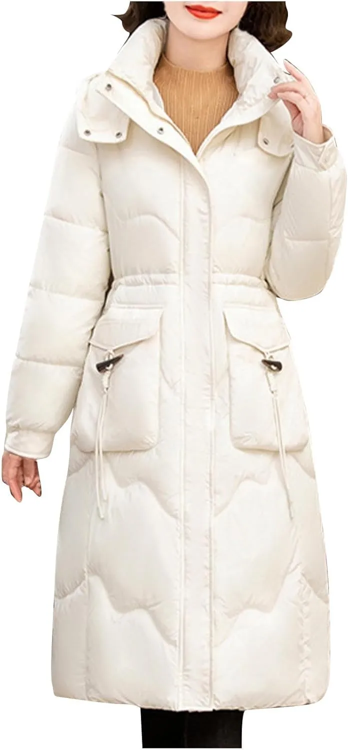 Women's Long Puffer Coats Detachable Hooded Full Zip Down Jackets Parkas Slim Fitted Warm Winter Coat Trendy Overcoat