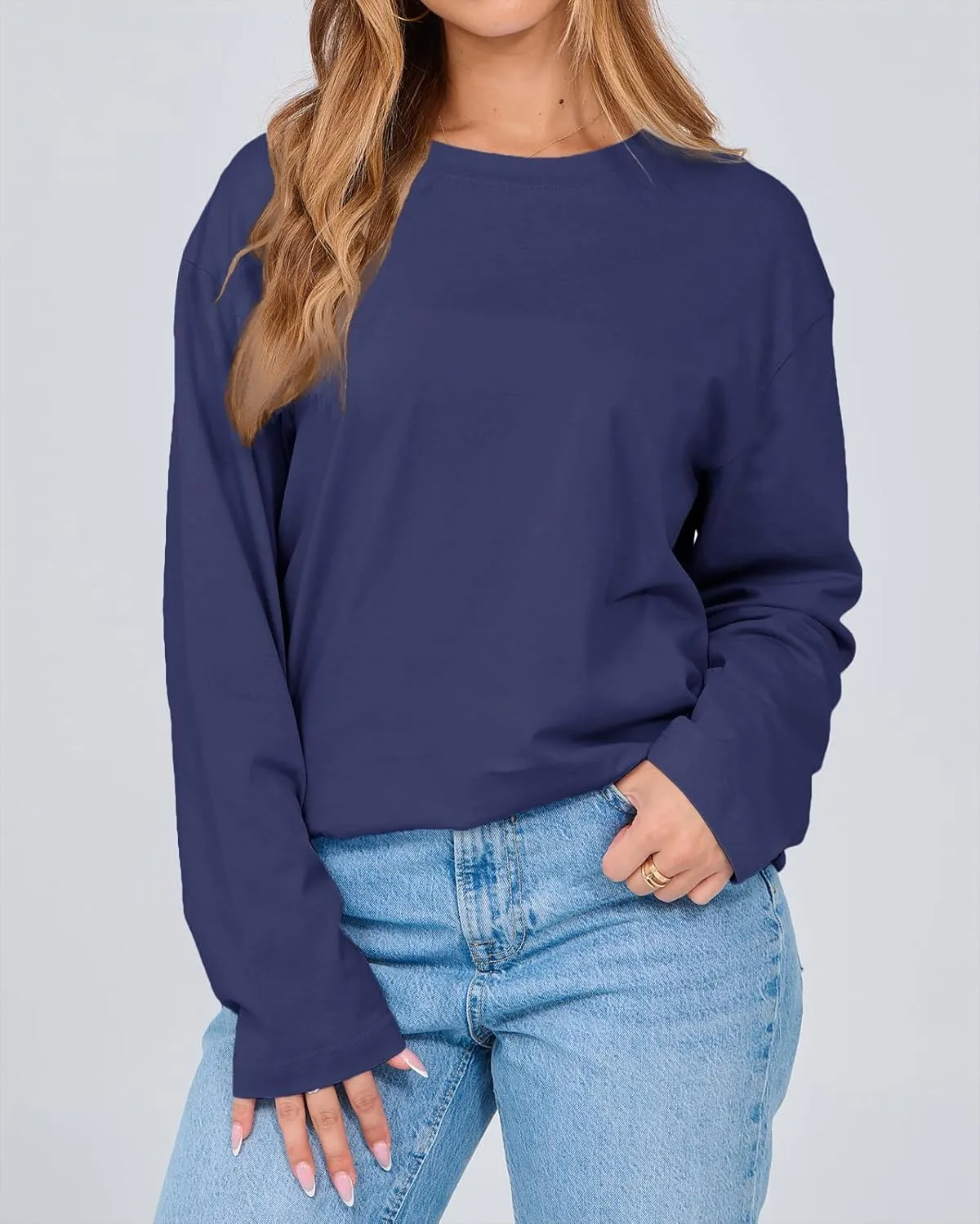 Women's Long Sleeve Crewneck Oversized T Shirts Y2K Loose Fit Casual Tee Tops