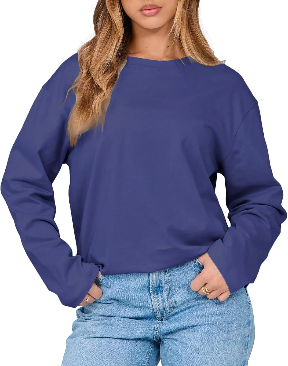 Women's Long Sleeve Crewneck Oversized T Shirts Y2K Loose Fit Casual Tee Tops