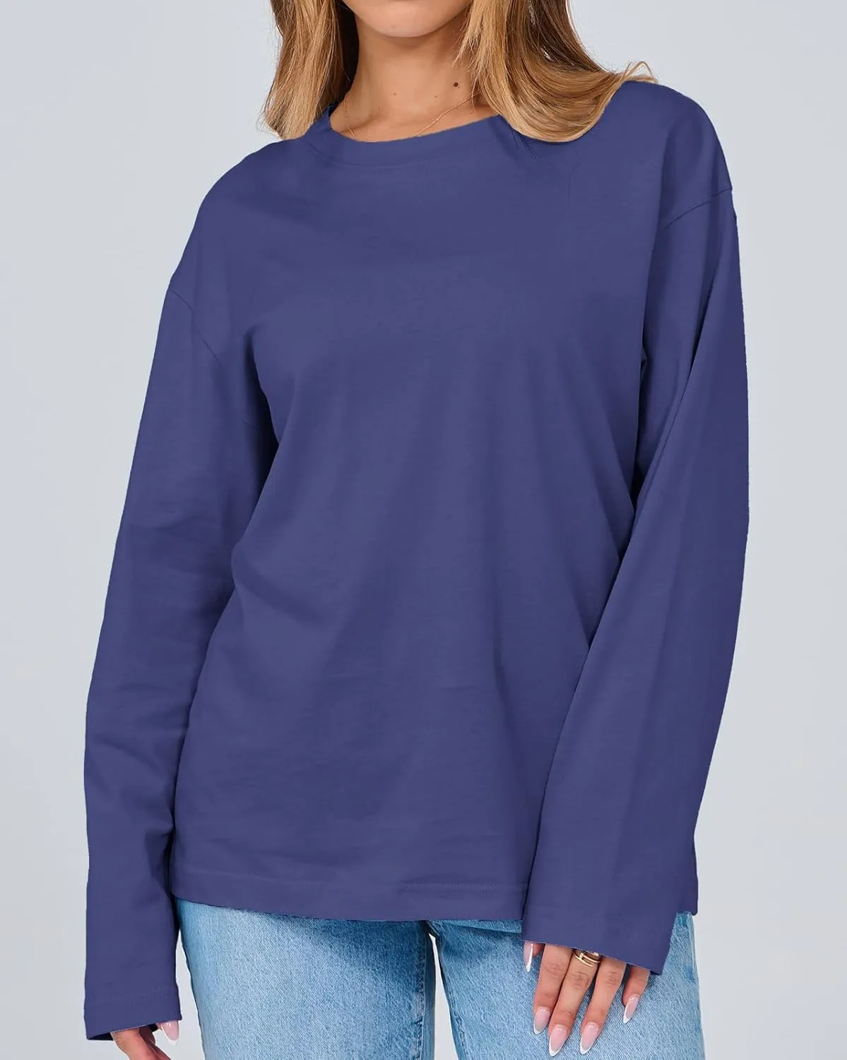 Women's Long Sleeve Crewneck Oversized T Shirts Y2K Loose Fit Casual Tee Tops