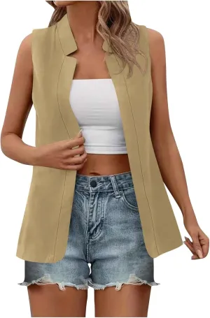 Women's Open Front Sleeveless Casual Solid Vest Blazer Lightweight Jackets Lightweight Collar Vest Work Office Jacket