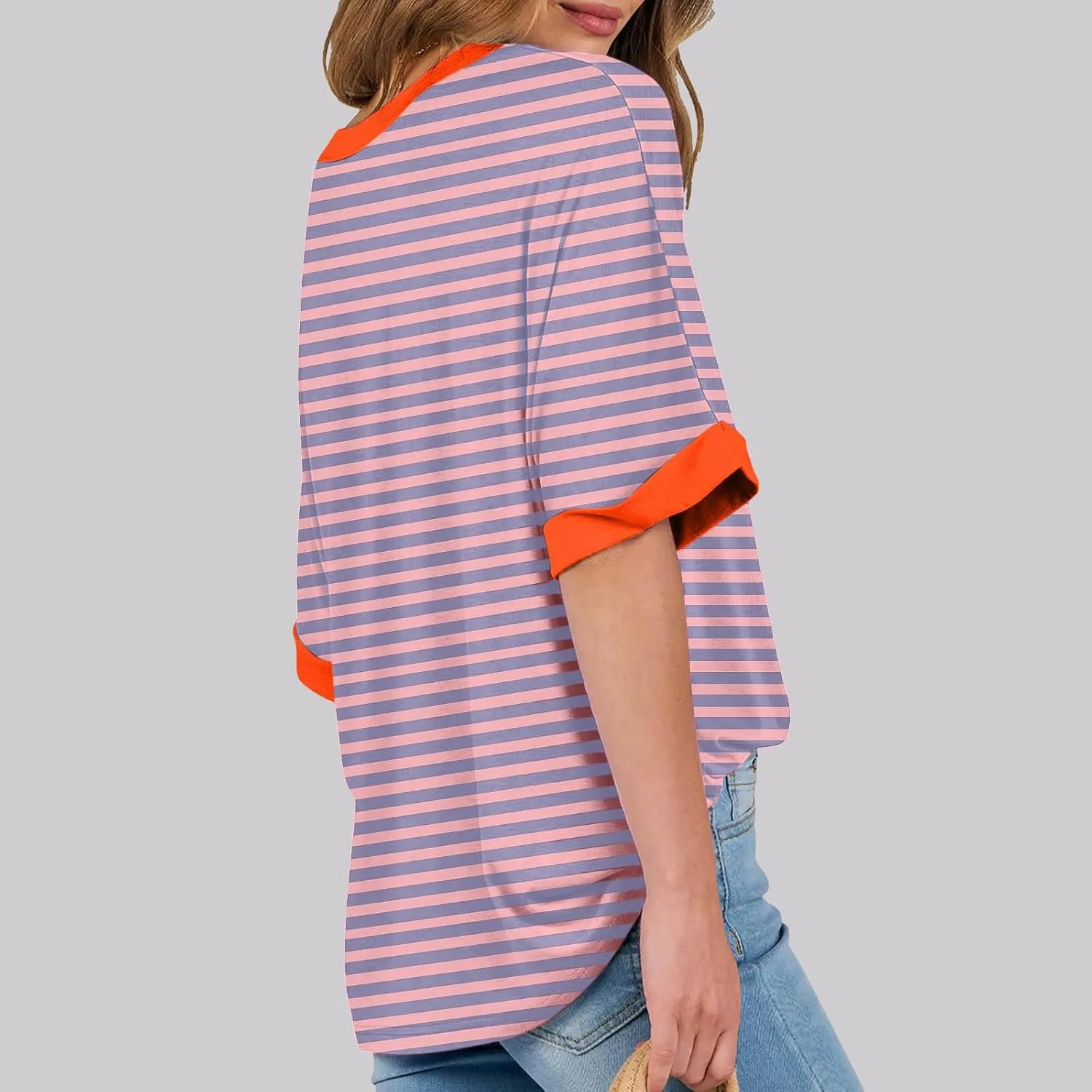 Womens Oversized T Shirts 2025 Trendy Striped Dressy Casual Crewneck Short Half Sleeve Colorblock Cute Summer Tops