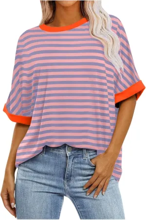 Womens Oversized T Shirts 2025 Trendy Striped Dressy Casual Crewneck Short Half Sleeve Colorblock Cute Summer Tops