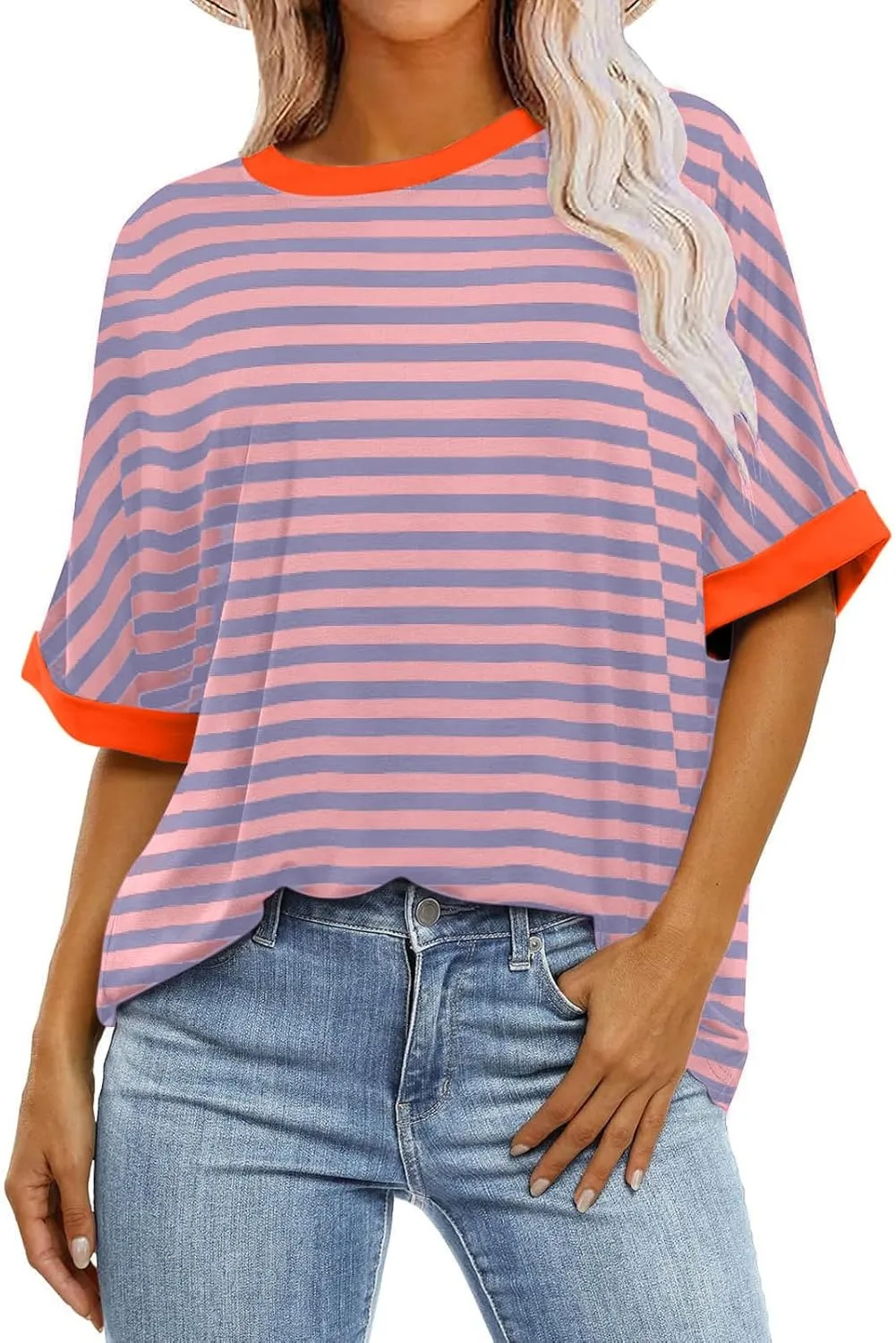 Womens Oversized T Shirts 2025 Trendy Striped Dressy Casual Crewneck Short Half Sleeve Colorblock Cute Summer Tops