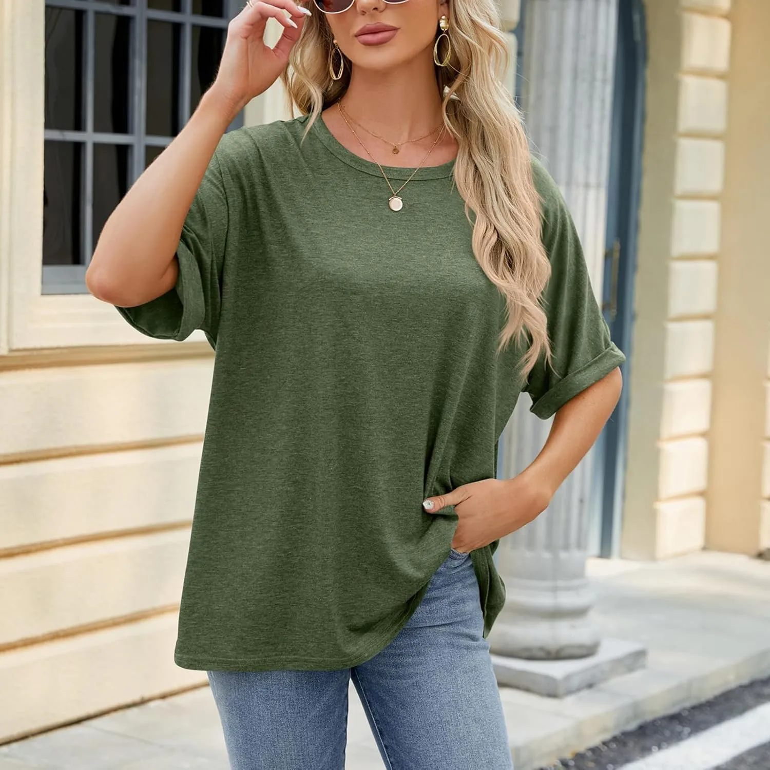 Womens Oversized T Shirts Loose Fit Crewneck Short Sleeve Tops Casual Summer Tops Trendy Solid 1/2 Sleeve T-Shirts