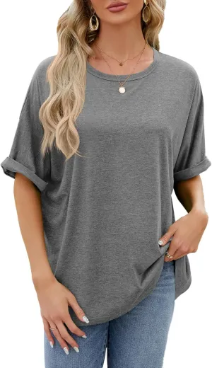 Womens Oversized T Shirts Loose Fit Crewneck Short Sleeve Tops Casual Summer Tops Trendy Solid 1/2 Sleeve T-Shirts