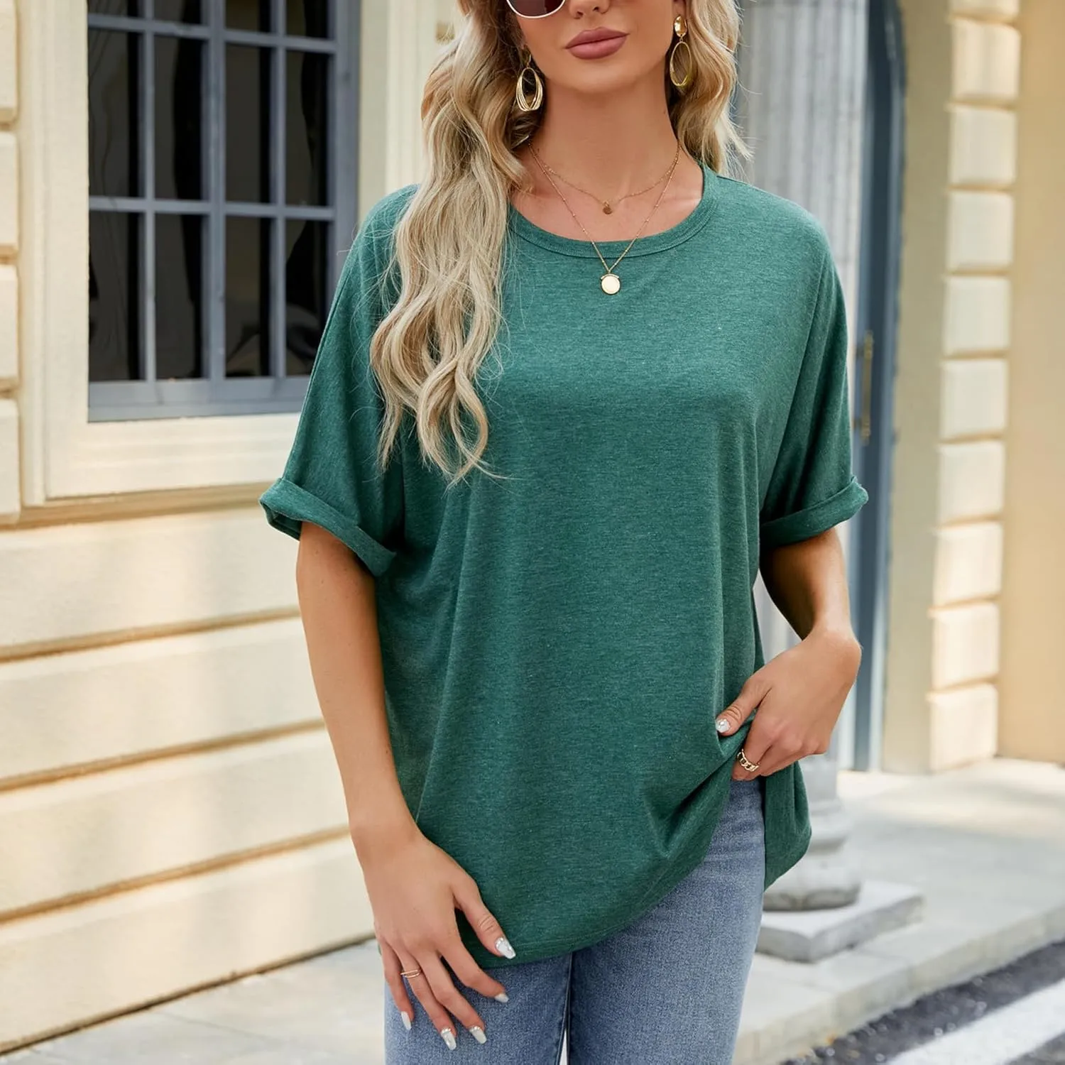 Womens Oversized T Shirts Loose Fit Crewneck Short Sleeve Tops Casual Summer Tops Trendy Solid 1/2 Sleeve T-Shirts