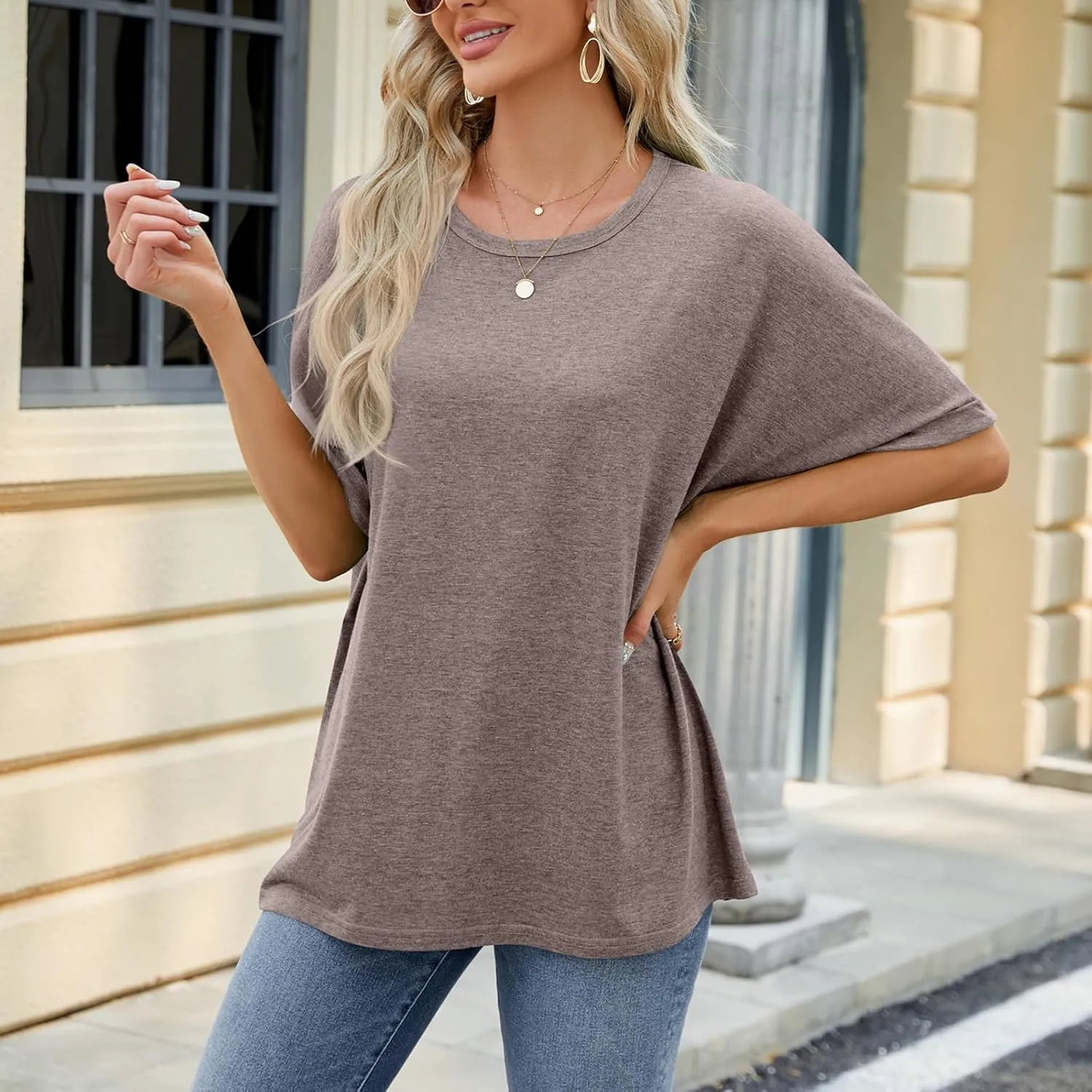 Womens Oversized T Shirts Loose Fit Crewneck Short Sleeve Tops Casual Summer Tops Trendy Solid 1/2 Sleeve T-Shirts