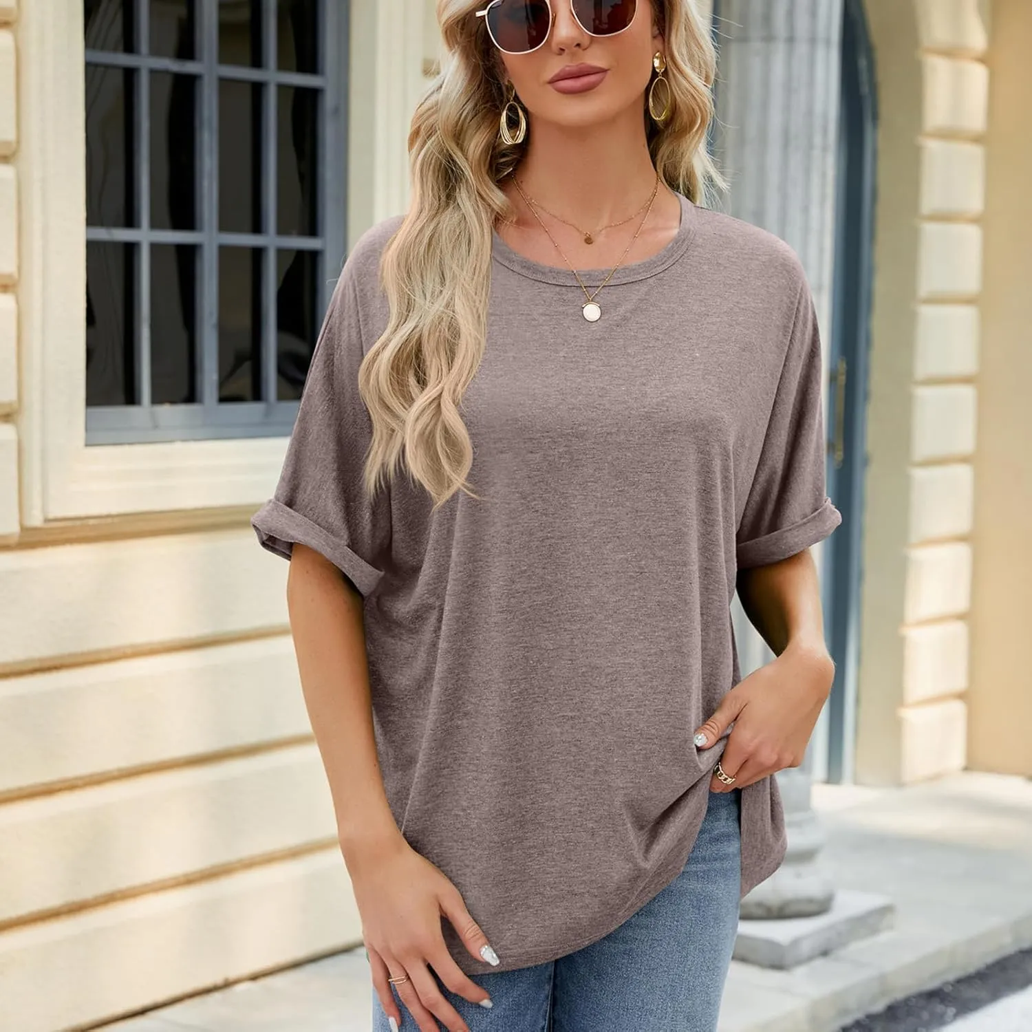 Womens Oversized T Shirts Loose Fit Crewneck Short Sleeve Tops Casual Summer Tops Trendy Solid 1/2 Sleeve T-Shirts