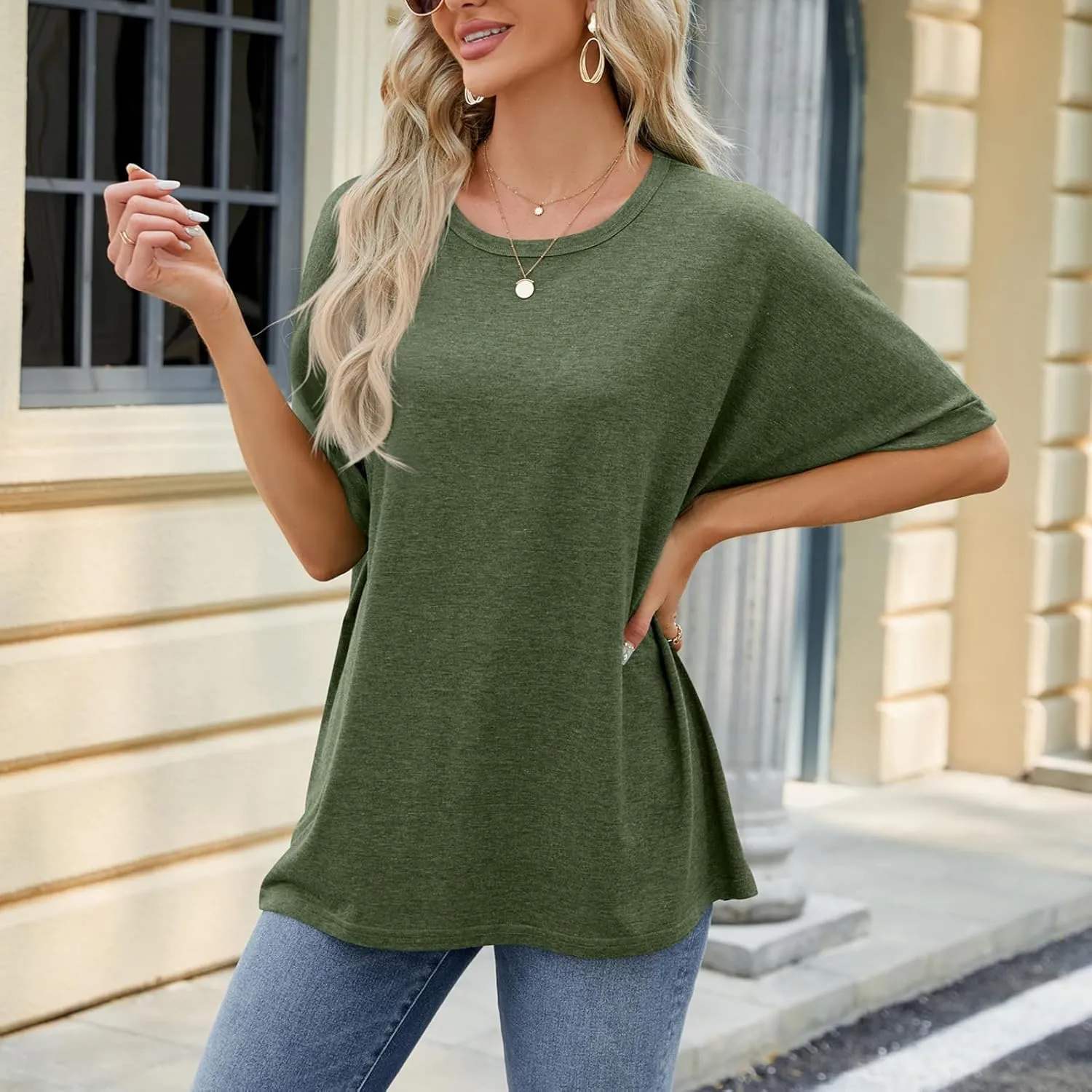 Womens Oversized T Shirts Loose Fit Crewneck Short Sleeve Tops Casual Summer Tops Trendy Solid 1/2 Sleeve T-Shirts