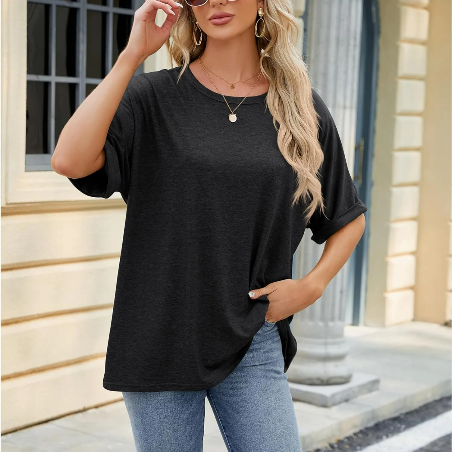 Womens Oversized T Shirts Loose Fit Crewneck Short Sleeve Tops Casual Summer Tops Trendy Solid 1/2 Sleeve T-Shirts