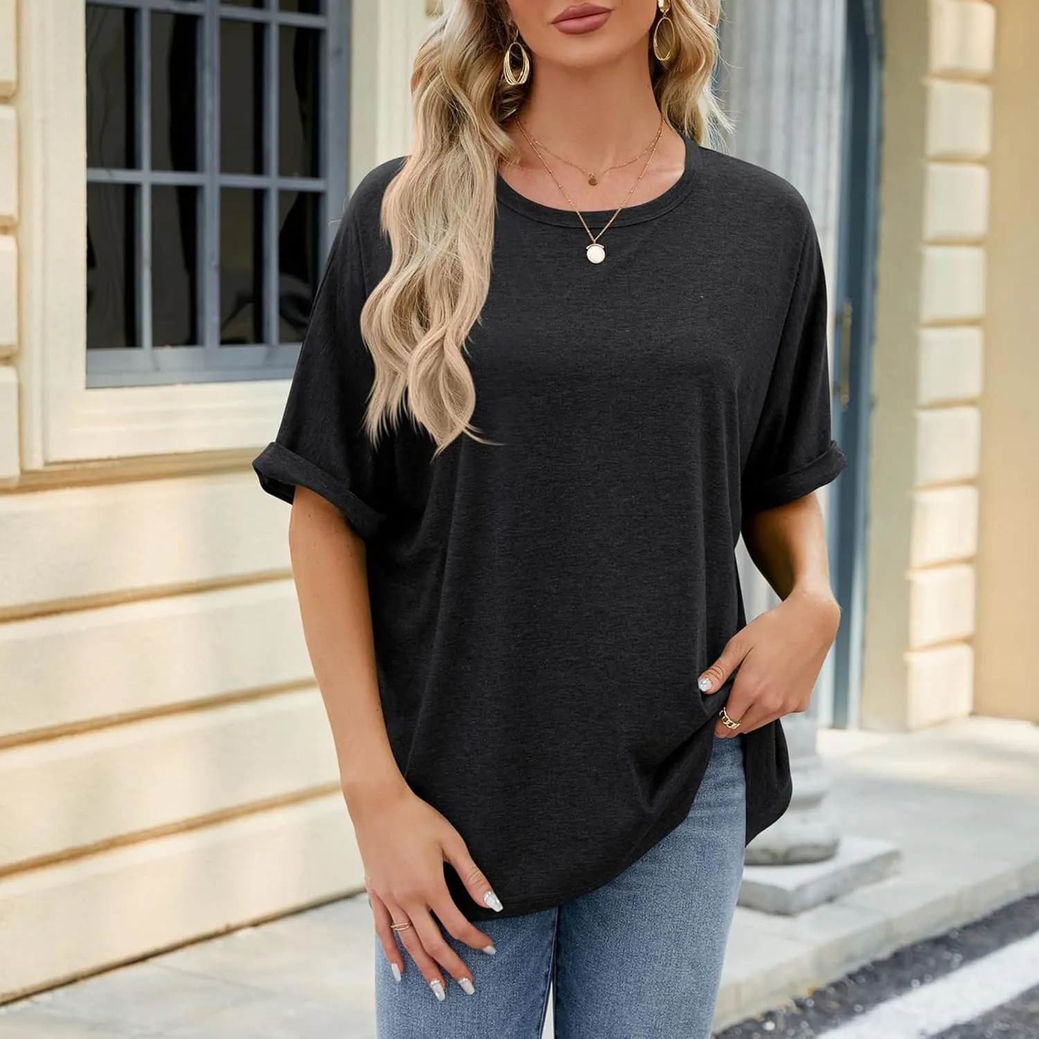 Womens Oversized T Shirts Loose Fit Crewneck Short Sleeve Tops Casual Summer Tops Trendy Solid 1/2 Sleeve T-Shirts