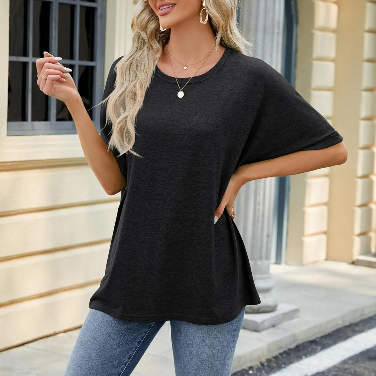 Womens Oversized T Shirts Loose Fit Crewneck Short Sleeve Tops Casual Summer Tops Trendy Solid 1/2 Sleeve T-Shirts