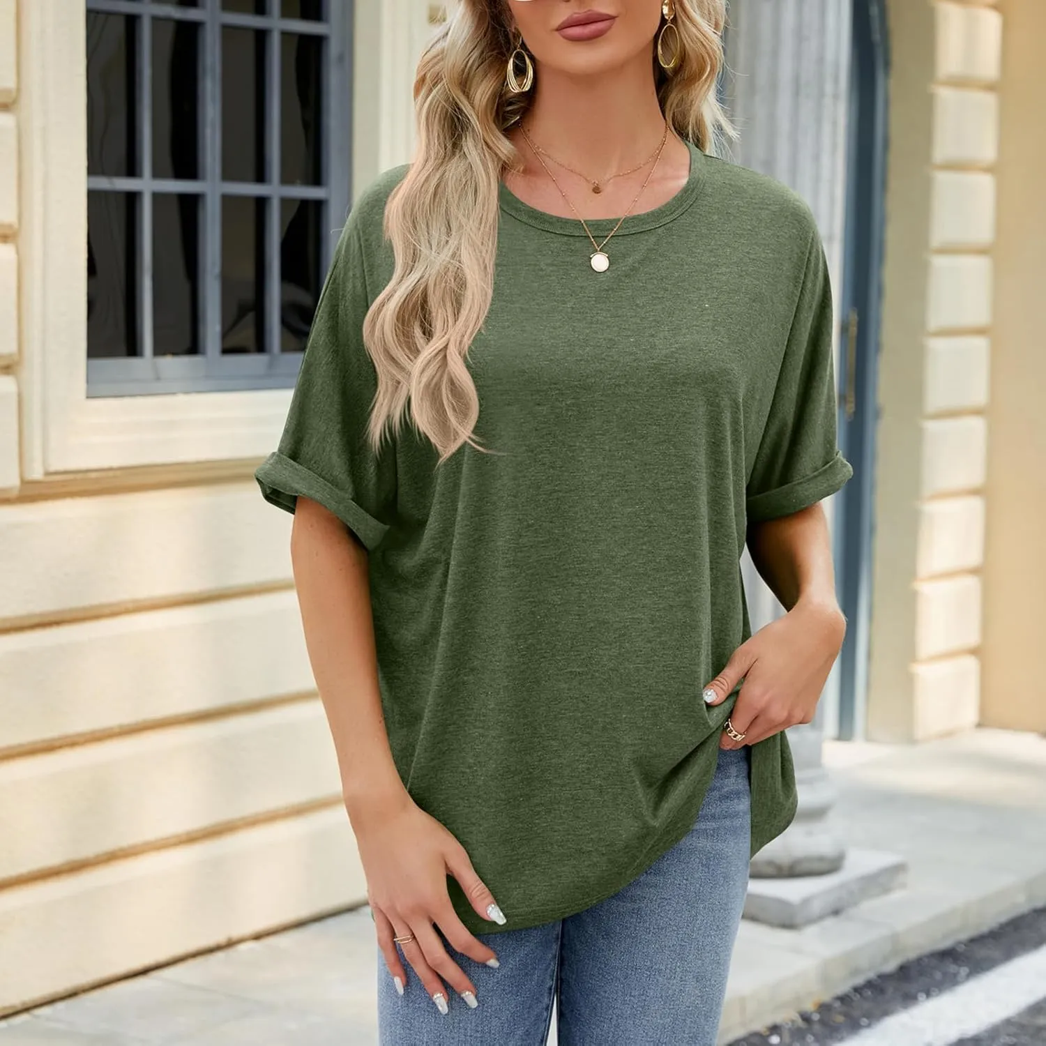 Womens Oversized T Shirts Loose Fit Crewneck Short Sleeve Tops Casual Summer Tops Trendy Solid 1/2 Sleeve T-Shirts