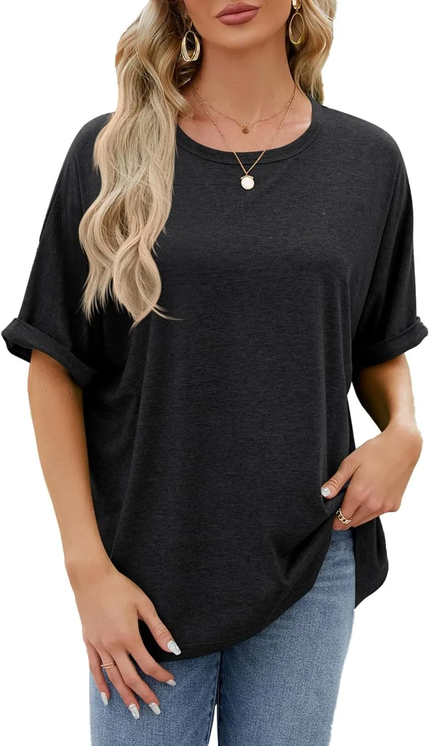 Womens Oversized T Shirts Loose Fit Crewneck Short Sleeve Tops Casual Summer Tops Trendy Solid 1/2 Sleeve T-Shirts