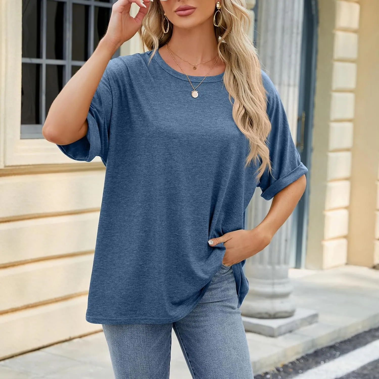 Womens Oversized T Shirts Loose Fit Crewneck Short Sleeve Tops Casual Summer Tops Trendy Solid 1/2 Sleeve T-Shirts