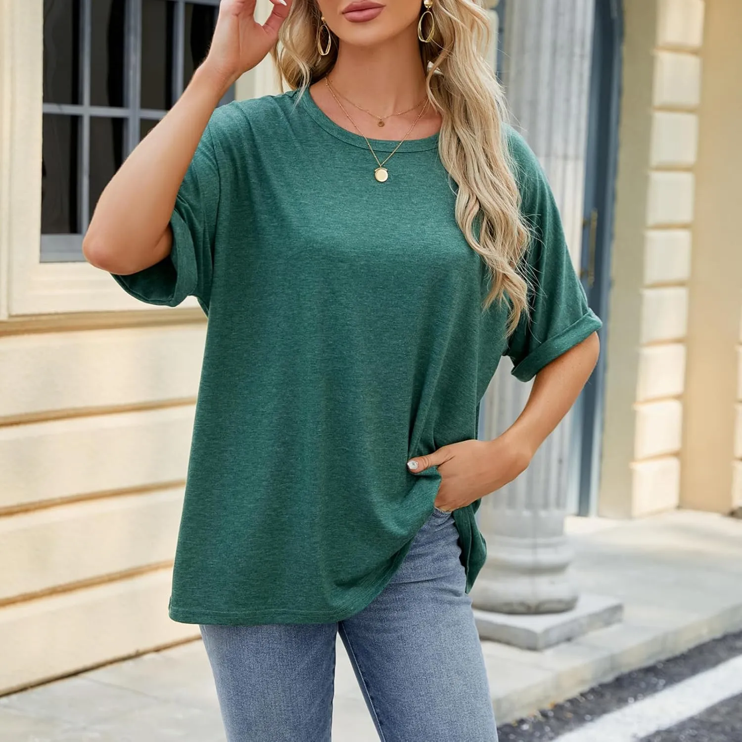 Womens Oversized T Shirts Loose Fit Crewneck Short Sleeve Tops Casual Summer Tops Trendy Solid 1/2 Sleeve T-Shirts