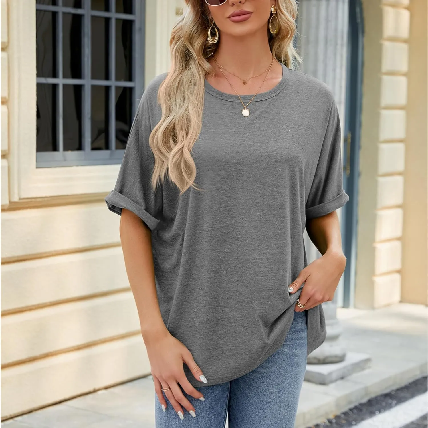 Womens Oversized T Shirts Loose Fit Crewneck Short Sleeve Tops Casual Summer Tops Trendy Solid 1/2 Sleeve T-Shirts