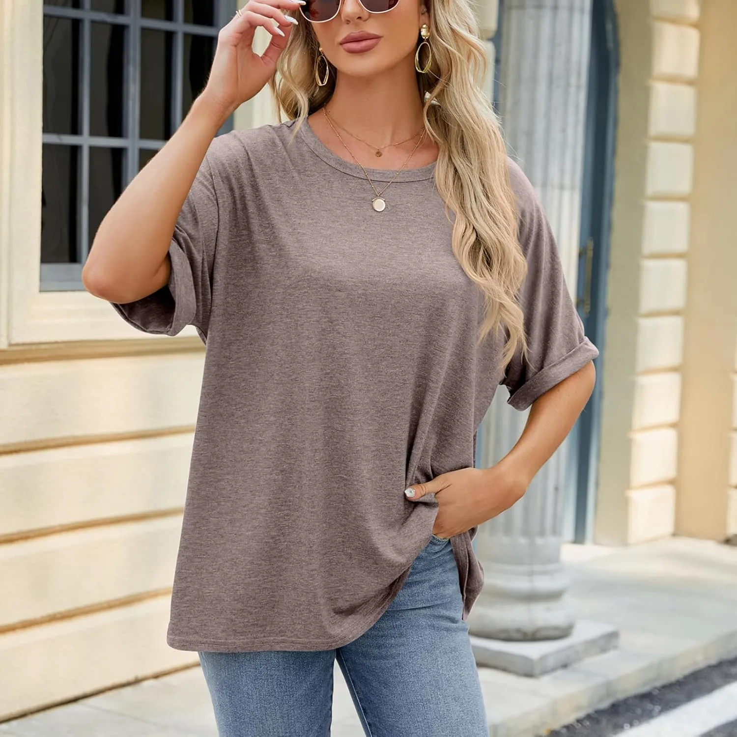 Womens Oversized T Shirts Loose Fit Crewneck Short Sleeve Tops Casual Summer Tops Trendy Solid 1/2 Sleeve T-Shirts