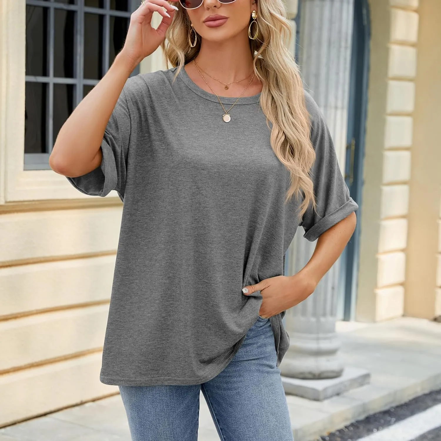 Womens Oversized T Shirts Loose Fit Crewneck Short Sleeve Tops Casual Summer Tops Trendy Solid 1/2 Sleeve T-Shirts