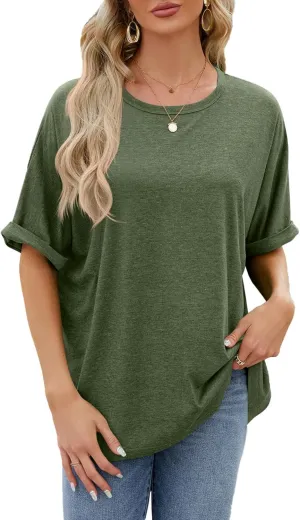 Womens Oversized T Shirts Loose Fit Crewneck Short Sleeve Tops Casual Summer Tops Trendy Solid 1/2 Sleeve T-Shirts
