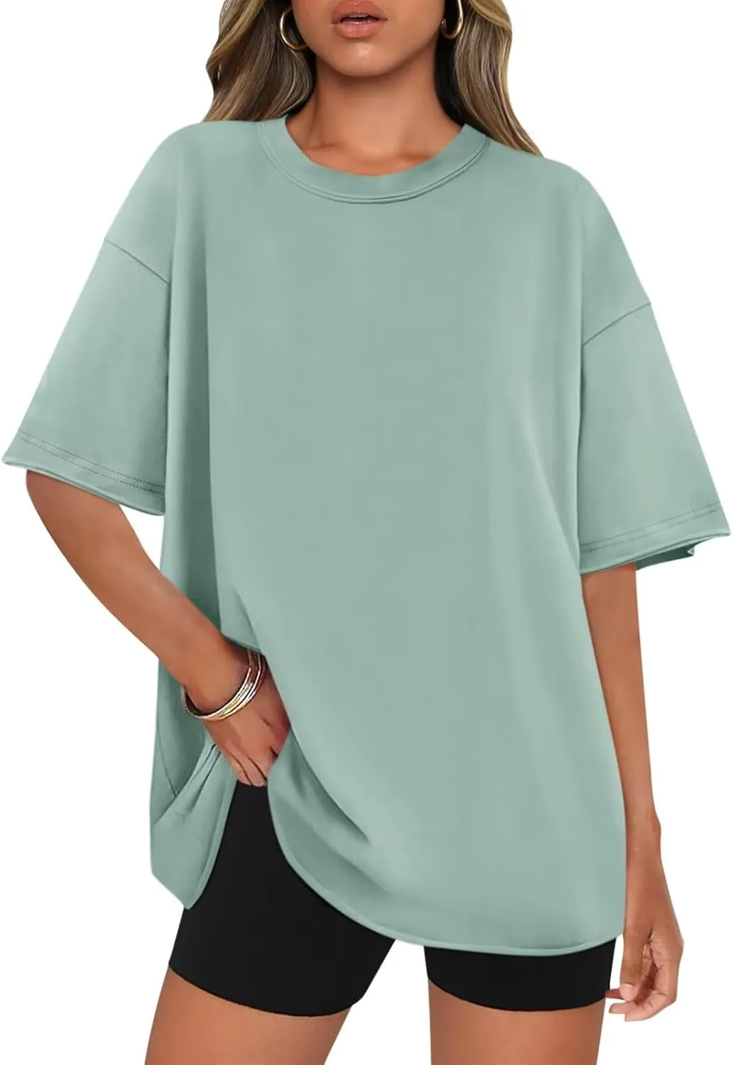 Womens Oversized T Shirts Short Sleeve Loose Fit Tops Summer Fashion Light Green
