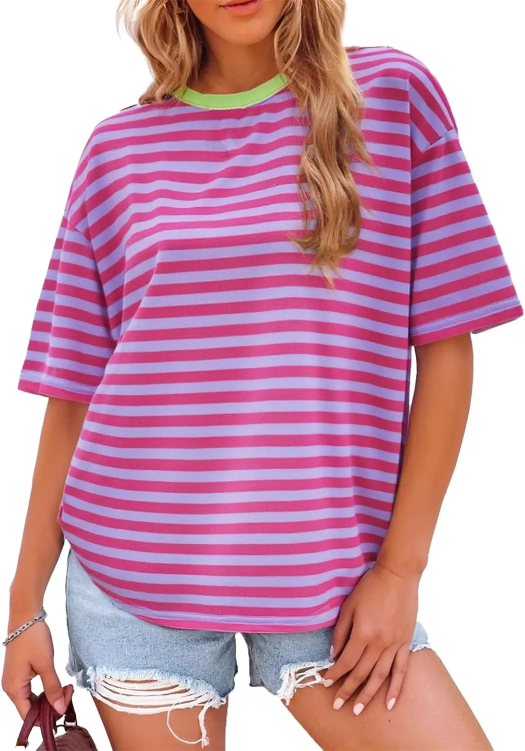 Womens Oversized T Shirts Striped Short Sleeve T-Shirts Crew Neck Basic Color Block Tee Tops 2025 Y2K Tee Tops