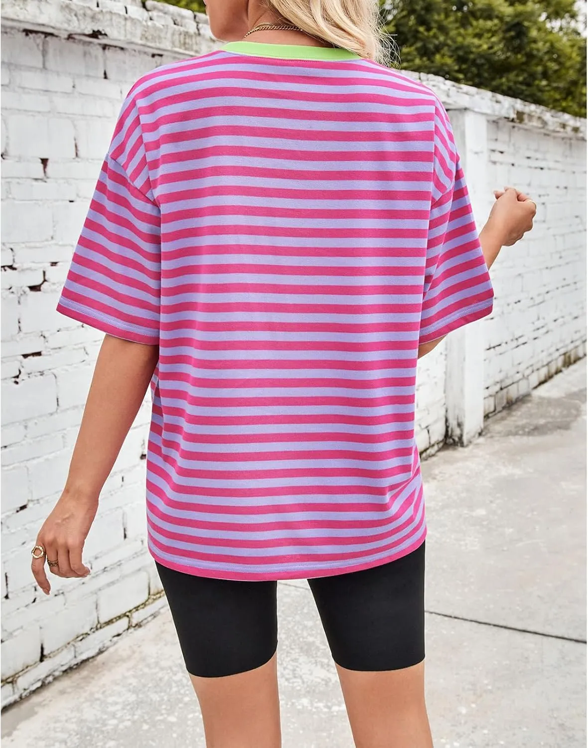 Womens Oversized T Shirts Striped Short Sleeve T-Shirts Crew Neck Basic Color Block Tee Tops 2025 Y2K Tee Tops