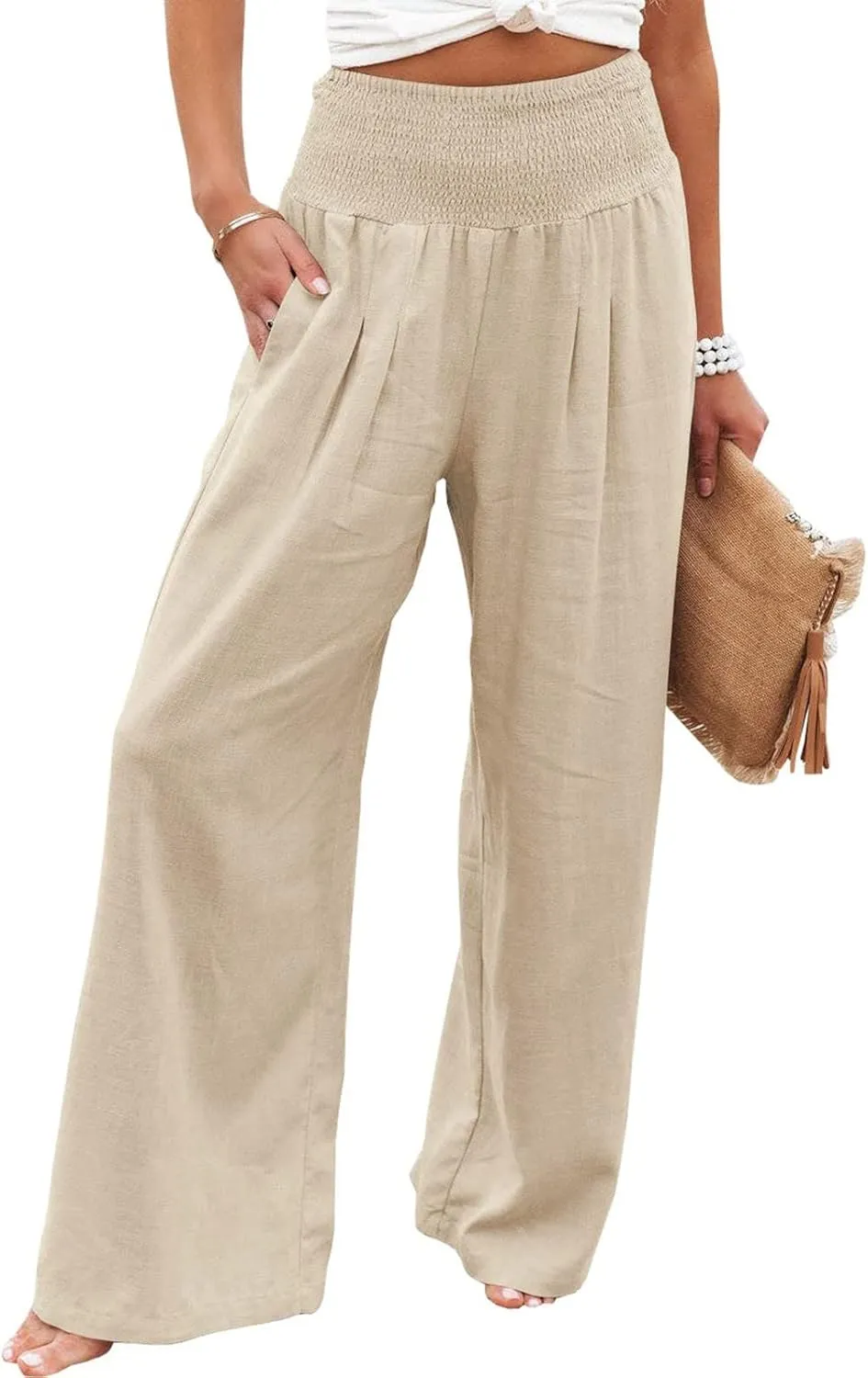 Women's Paperbag Waist Casual Pants High Waisted Versatile Straight Wide Leg Pants Slim-fit Trendy Stretchy Trousers