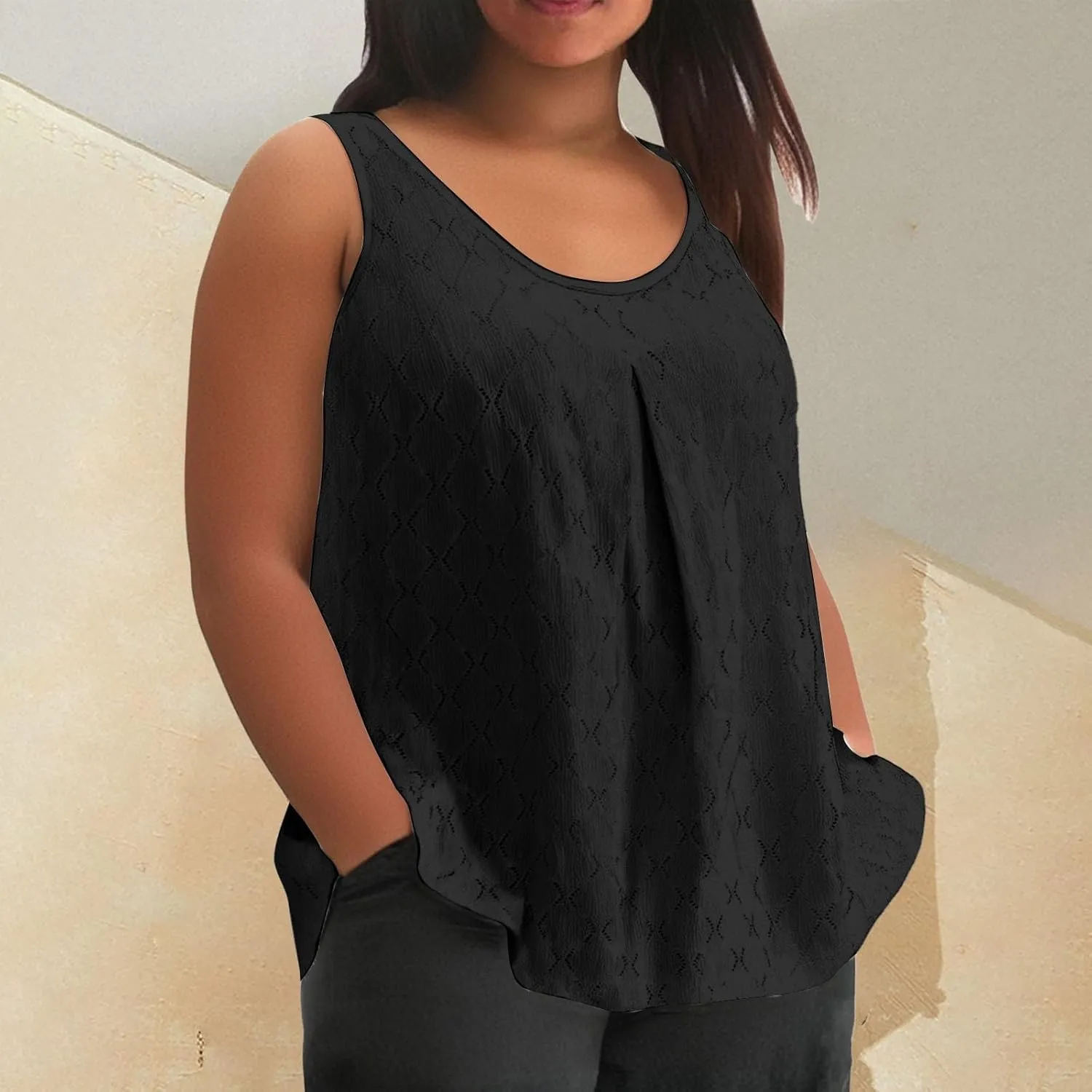 Womens Plus Size Tank Tops Sleeveless Eyelet Embroidery Scoop Neck Loose Fit Casual Summer Flowy Camisoles