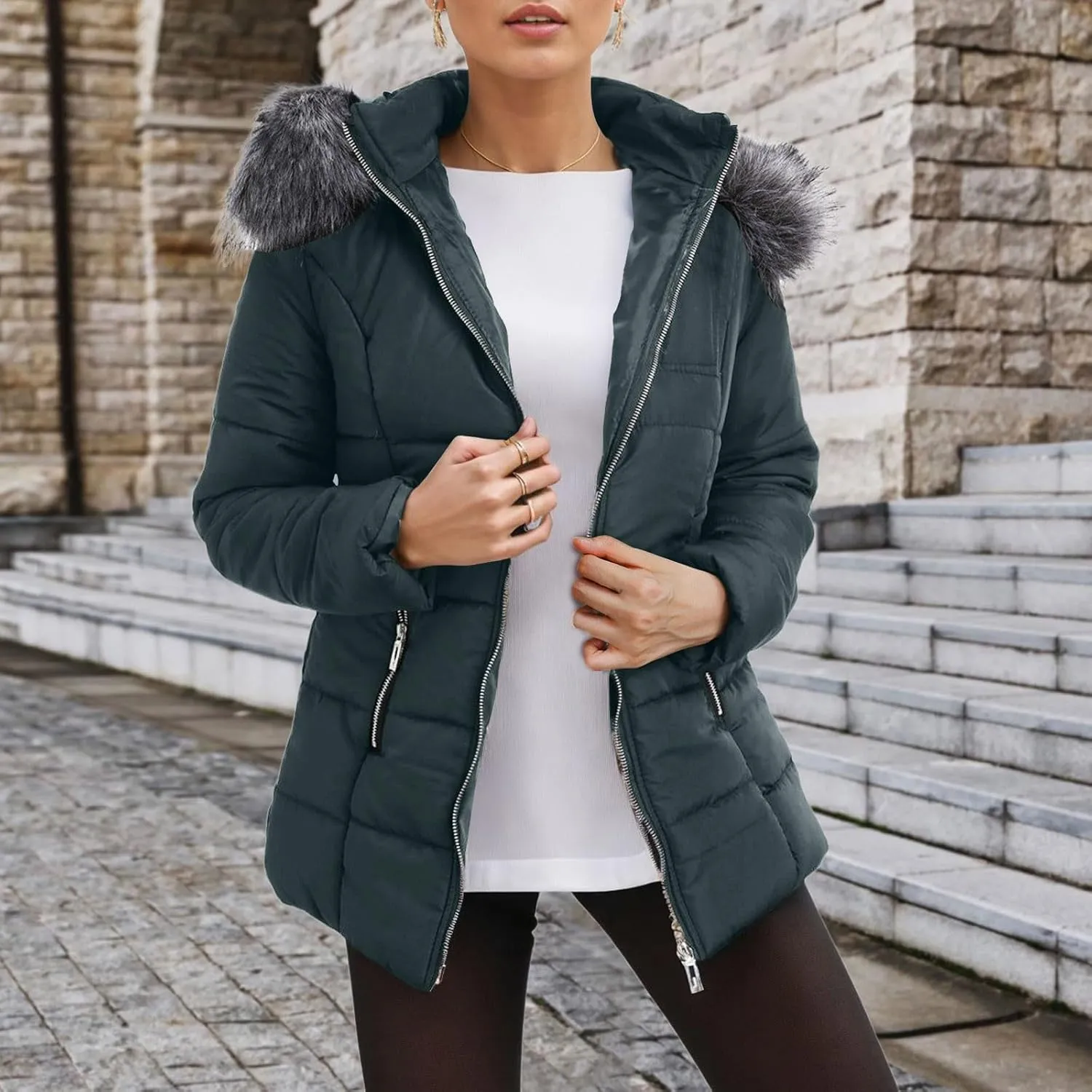 Womens Puffer Jacket with Hood Trendy Street Down Coat Casual Thickened Warm Quilted Outwear Loose Zip Up Pocket Coats