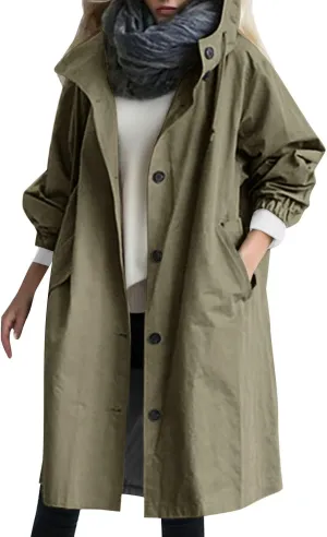Women's Rain Jacket Autumn Winter Loose Hooded Trench Jackets Oversized Elegant Windbreaker Comfortable Coat Outwear
