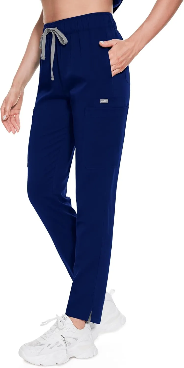 Women's Scrub Pants with 8 Pocket-On Elastic WAIS Drawstring Cargo Pants-Soft Stretch Jogger Scrubs Bottoms for Nurse