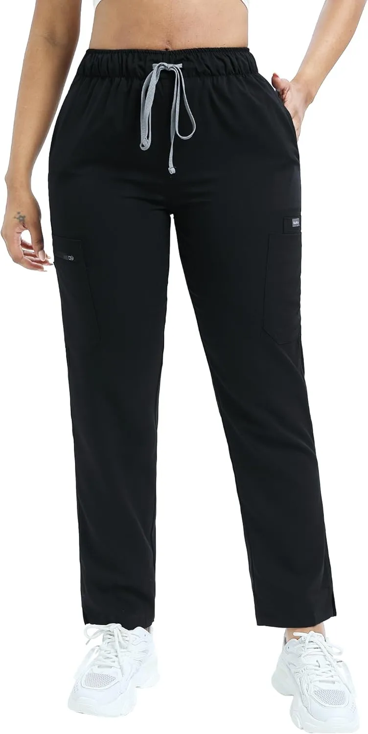 Women's Scrub Pants with 8 Pocket-On Elastic WAIS Drawstring Cargo Pants-Soft Stretch Jogger Scrubs Bottoms for Nurse
