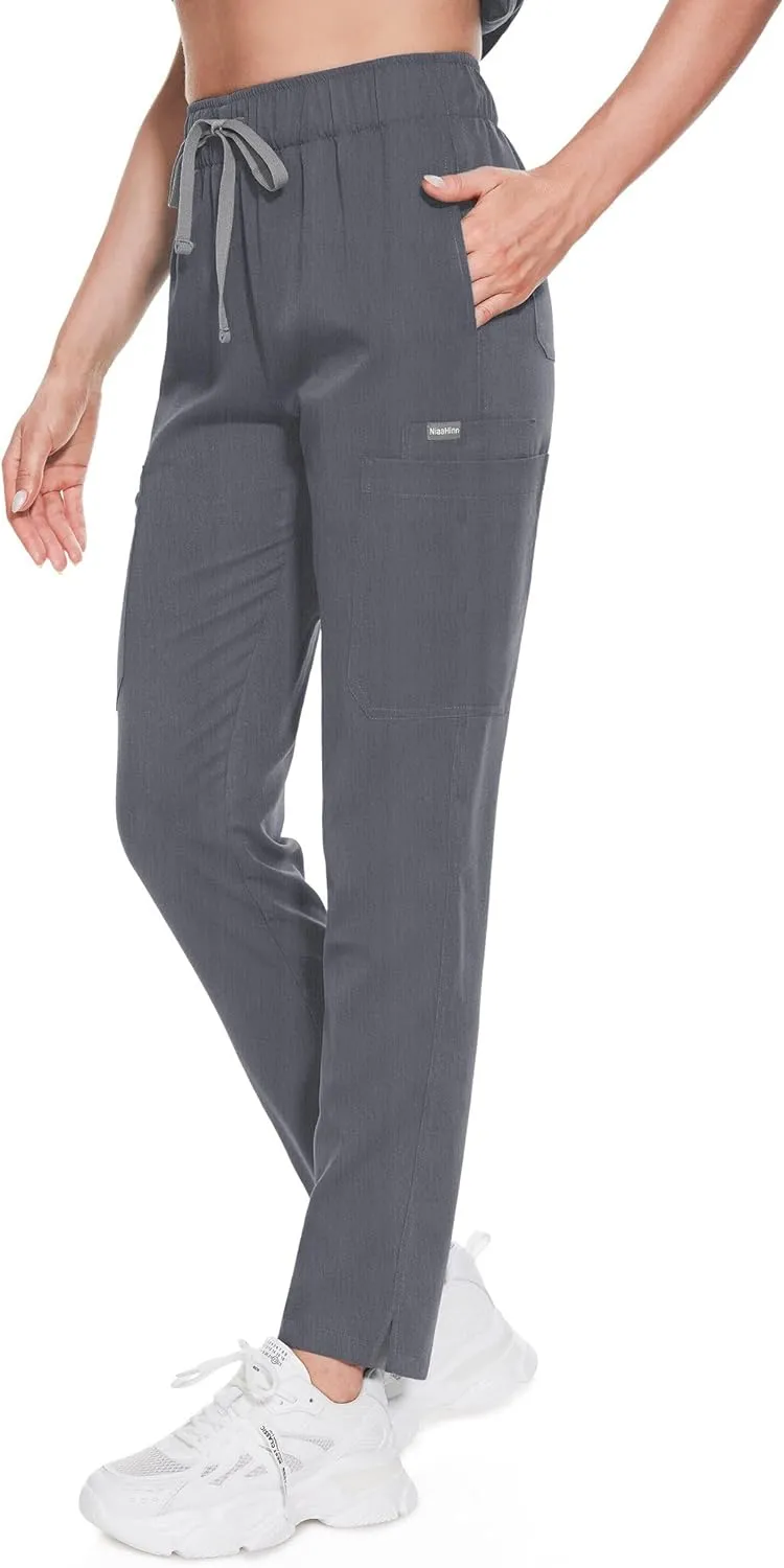 Women's Scrub Pants with 8 Pocket-On Elastic WAIS Drawstring Cargo Pants-Soft Stretch Jogger Scrubs Bottoms for Nurse