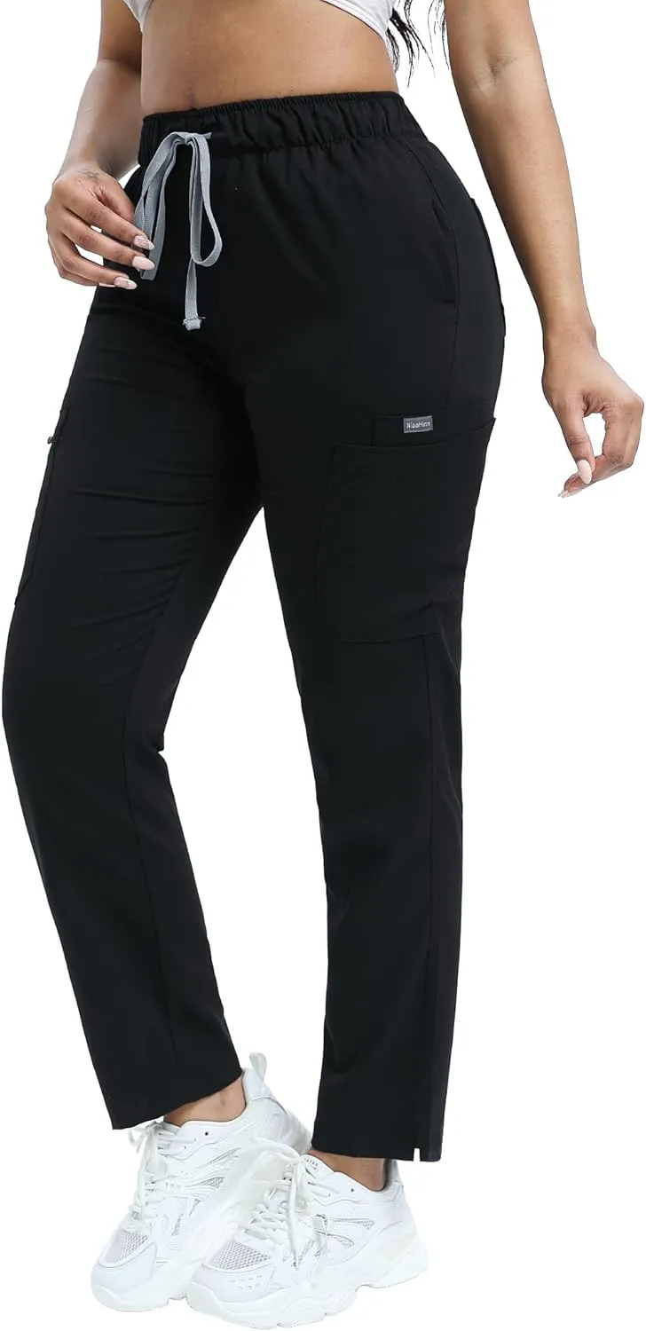 Women's Scrub Pants with 8 Pocket-On Elastic WAIS Drawstring Cargo Pants-Soft Stretch Jogger Scrubs Bottoms for Nurse