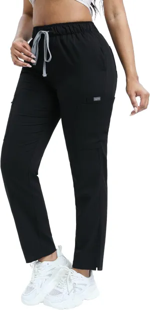 Women's Scrub Pants with 8 Pocket-On Elastic WAIS Drawstring Cargo Pants-Soft Stretch Jogger Scrubs Bottoms for Nurse